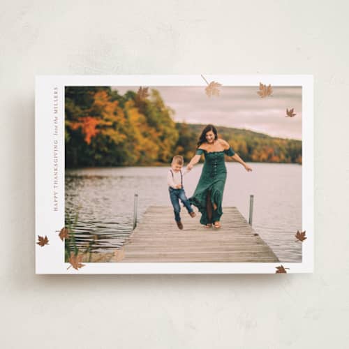 This is a snow thanksgiving cards invitations with foil pressed by Jenna Holcomb called autumnal leaves printing on recycled smooth signature in standard