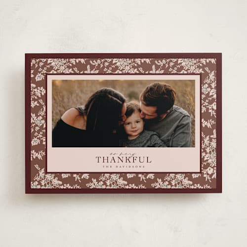 This is a cocoa thanksgiving cards invitations with standard by Jenna Holcomb called merry floral toile printing on recycled smooth signature in standard