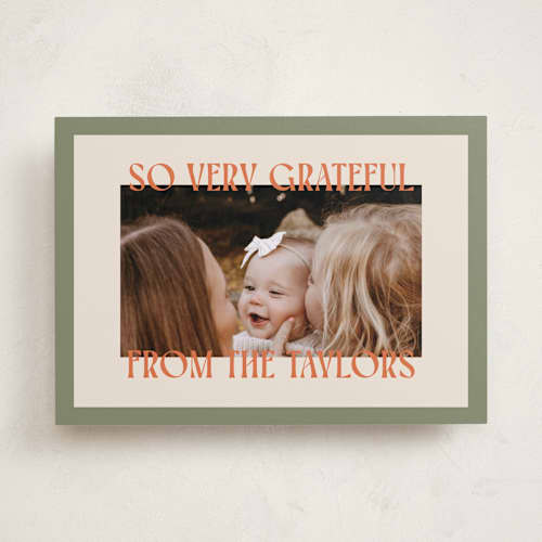 This is a sage thanksgiving cards invitations with standard by Ekko Studio called cheerful stack printing on recycled smooth signature in standard