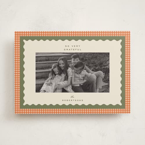 This is a olive thanksgiving cards invitations with standard by Ellen Schlegelmilch called gingham layers printing on recycled smooth signature in standard