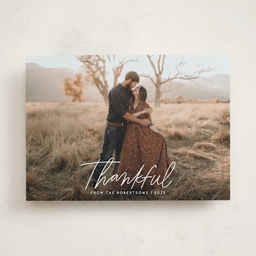 This is a cloud thanksgiving cards invitations with standard by Kristen Magee called scripty thankful printing on recycled smooth signature in standard