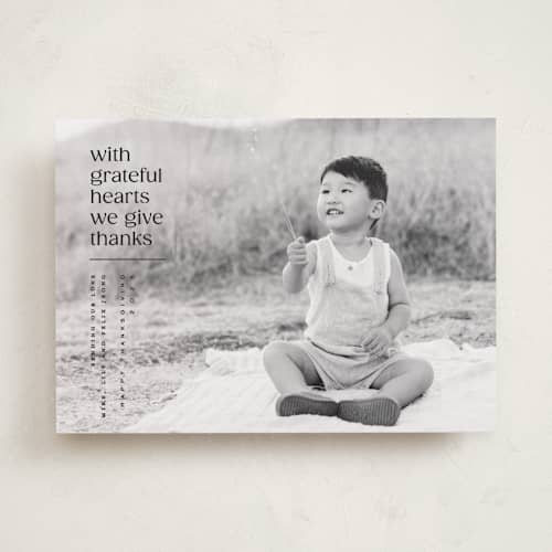This is a cracked pepper thanksgiving cards invitations with standard by Owl and Toad called horizons printing on recycled smooth signature in standard