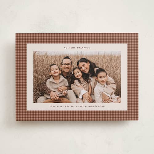 This is a pecan thanksgiving cards invitations with standard by Kelly Watkins called thankful gingham printing on recycled smooth signature in standard