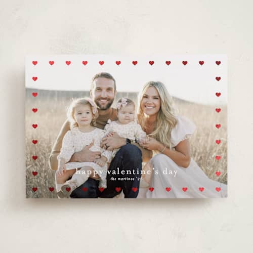 This is a lily foil stamped valentine cards with foil pressed by Stacey Meacham called mini hearts frame printing on recycled smooth signature in standard
