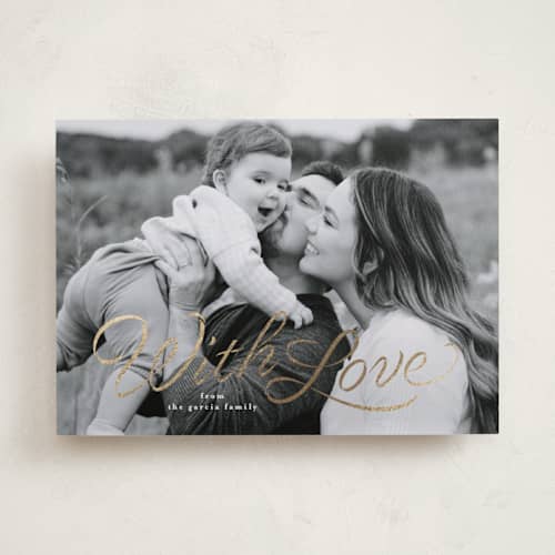 This is a snow foil stamped valentine cards with foil pressed by Lea Delaveris called ribbon script printing on recycled smooth signature in standard