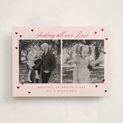 This is a peach foil stamped valentine cards with foil pressed by Emily Sabol Goss called scattered mini hearts printing on recycled smooth signature in standard