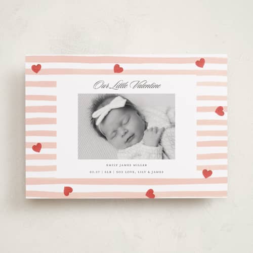 This is a blush valentines day with standard by Teju Reval called stripes and hearts printing on recycled smooth signature in standard