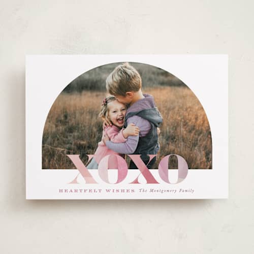 This is a mauve valentines day with standard by Hooray Creative called xoxo statement printing on recycled smooth signature in standard
