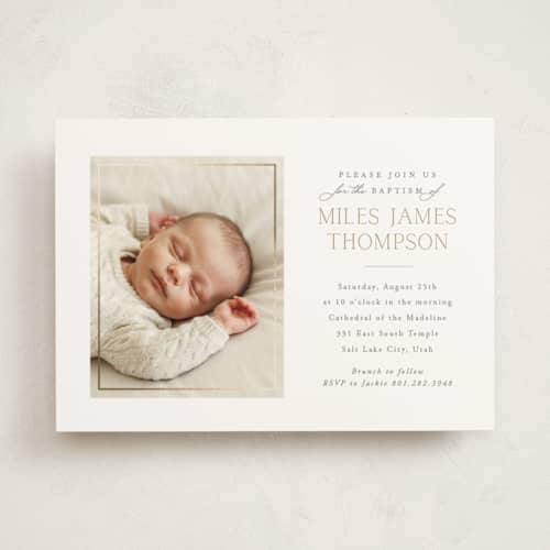 This is a linen baptism and christening announcements with foil pressed by Robert and Stella called keepsake printing on signature in standard