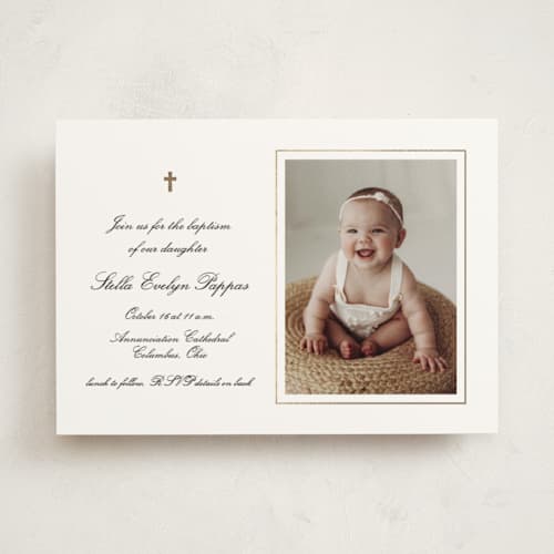 This is a newsprint baptism and christening announcements with foil pressed by Lea Delaveris called faith printing on signature in standard