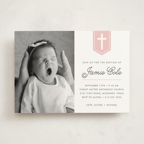 This is a bubblegum baptism and christening announcements with standard by Susan Asbill called delicate cross printing on signature in standard
