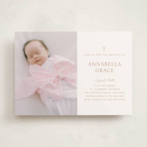 This is a blush baptism and christening announcements with standard by Morgan Kendall called cross printing on signature in standard