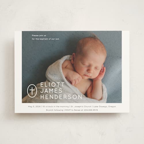 This is a slate baptism and christening announcements with standard by Drango Design called simply modern cross printing on signature in standard