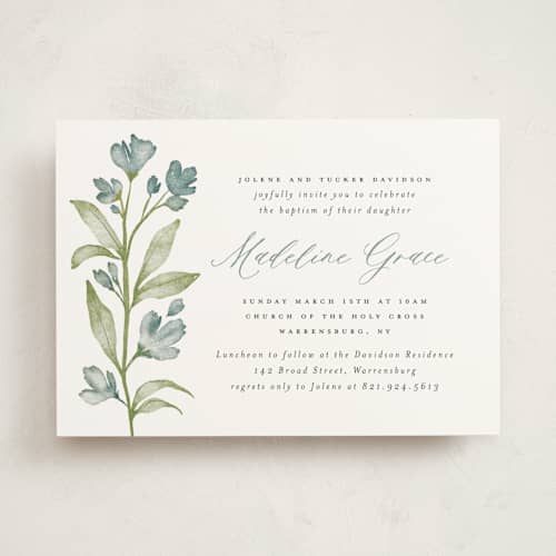 This is a bluebird baptism and christening announcements with standard by Heather Cairl called bloom printing on signature in standard