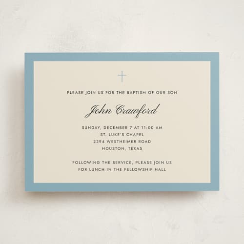 This is a french blue baptism and christening announcements with standard by Megan Davis called chapel printing on signature in standard