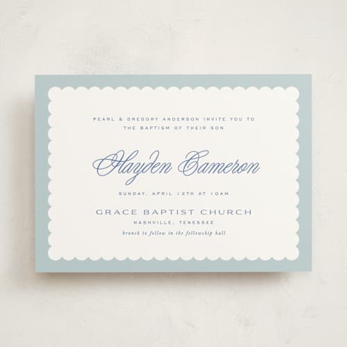 This is a frost baptism and christening announcements with standard by Kelly Watkins called sweet scallops printing on signature in standard