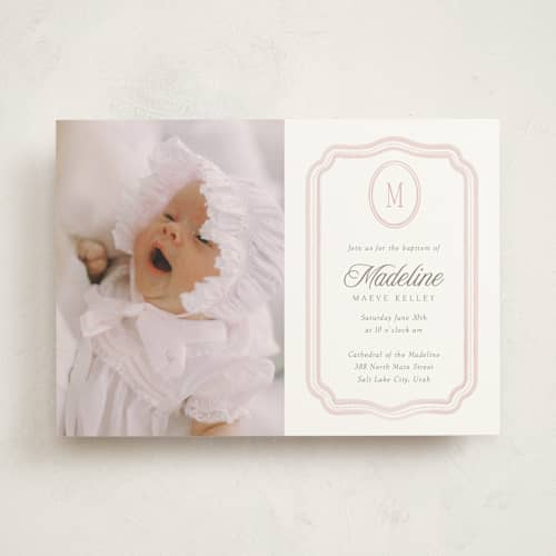 This is a petal baptism and christening announcements with standard by Robert and Stella called lace monogram printing on signature in standard