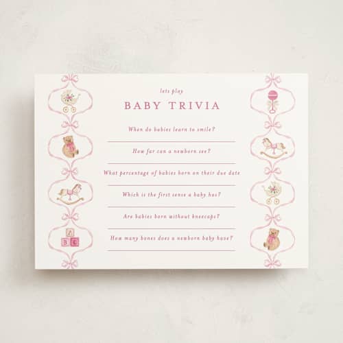 This is a sakura baby shower game activity cards with standard by Sarah Knight called tied with a bow printing on signature in standard