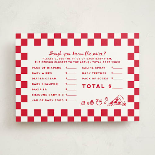 This is a marinara baby shower game activity cards with standard by Madhvi Samimi called special delivery pizza printing on signature in standard