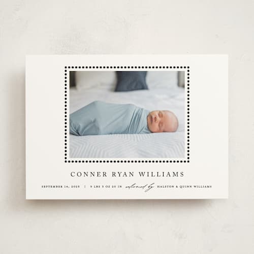 This is a onyx birth announcements with standard by Pixel and Hank called dreamer printing on doublethick in photo_mount