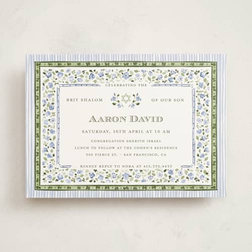 This is a blue whisper bris baby naming invitations with standard by Pati Cascino called linette printing on signature in standard