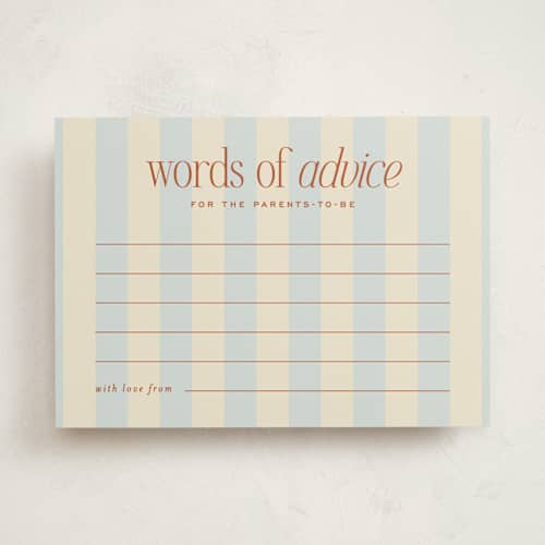 This is a powder blue baby shower game activity cards with standard by Ellen Schlegelmilch called we're having a party printing on signature in standard