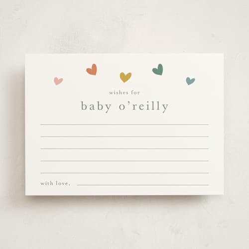 This is a hearts rainbow baby shower game activity cards with standard by Stacey Meacham called tiny hearts printing on signature in standard