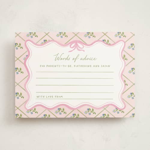This is a garden glory baby shower activity cards with standard by Creo Study called baby in bloom printing on signature in standard