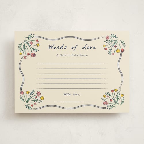 This is a midnight baby shower activity cards with standard by Sarah Rosenthal called blossoming love printing on signature in standard