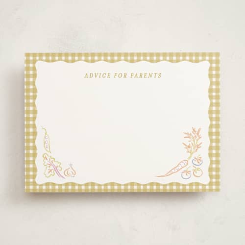 This is a olive baby shower activity cards with standard by Natalie Rae called veggie patch printing on signature in standard