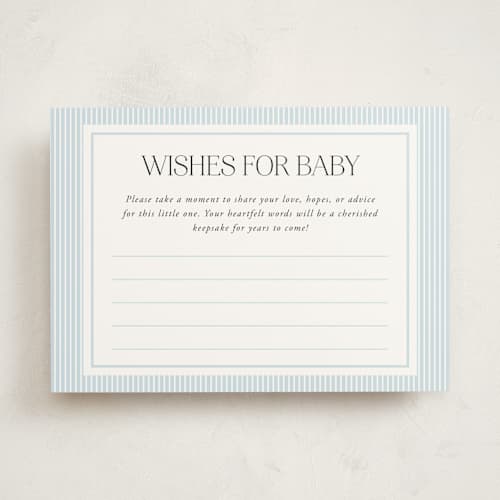 This is a sky blue baby shower game activity cards with standard by Lucrecia Caporale called sweet stripes printing on signature in standard