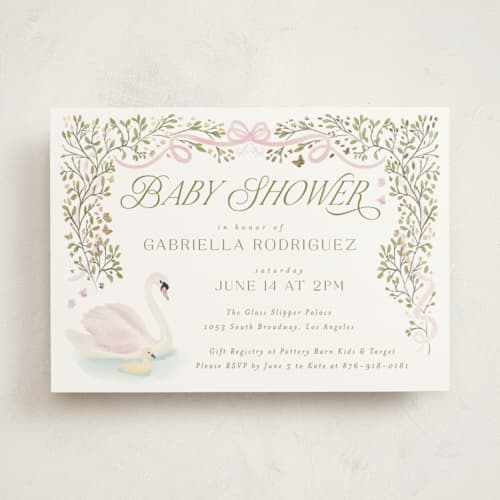 This is a ballet slipper foil stamped baby shower invitations with foil pressed by Jenna Holcomb called swan princess printing on signature in standard