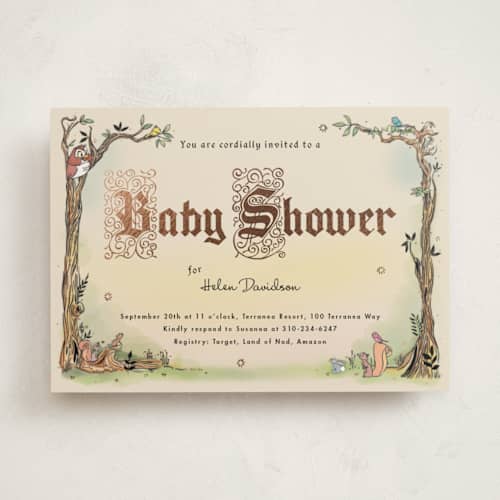 This is a peach foil stamped baby shower invitations with foil pressed by Becky Nimoy called medieval letters fairytale printing on signature in standard