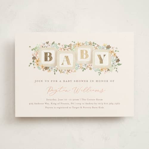 This is a honey foil stamped baby shower invitations with foil pressed by Jennifer Wick called petite baby blocks printing on signature in standard