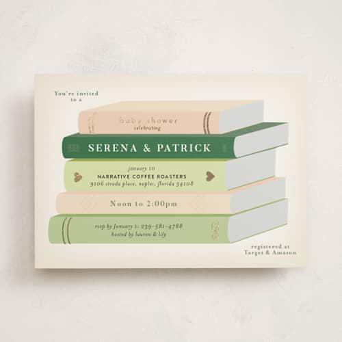 This is a blush foil stamped baby shower invitations with foil pressed by Palm Bridal called book stack printing on signature in standard