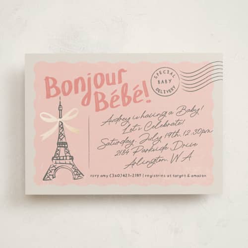 This is a petal foil stamped baby shower invitations with foil pressed by Karidy Walker called paris postcard printing on signature in standard