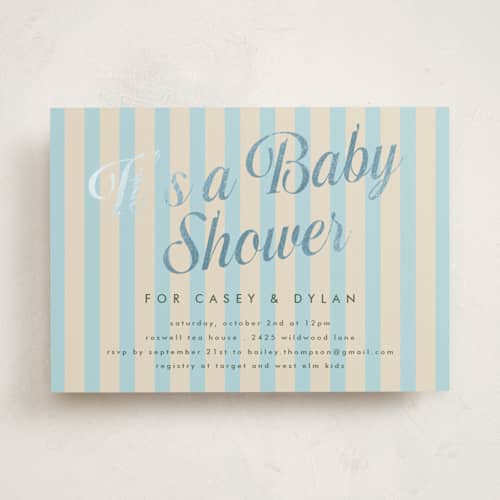 This is a cream soda foil stamped baby shower invitations with foil pressed by Morgan Kendall called soda shoppe printing on signature in standard