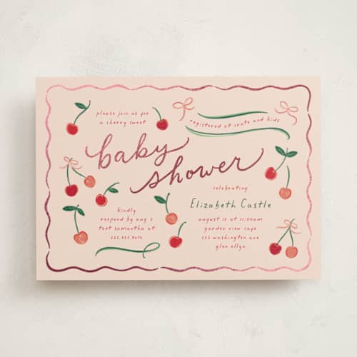 This is a cherry pie foil stamped baby shower invitations with foil pressed by Erin German called cherry sweet printing on signature in standard