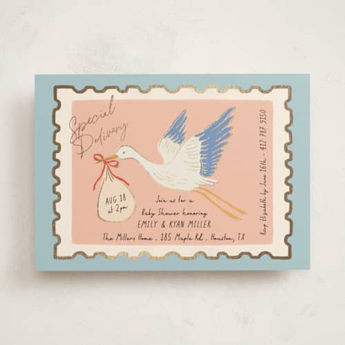 This is a sky foil stamped baby shower invitations with foil pressed by Elly called stamp printing on signature in standard