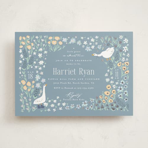 This is a bluebell foil stamped baby shower invitations with foil pressed by Hudson meet Rose called little goose printing on signature in standard