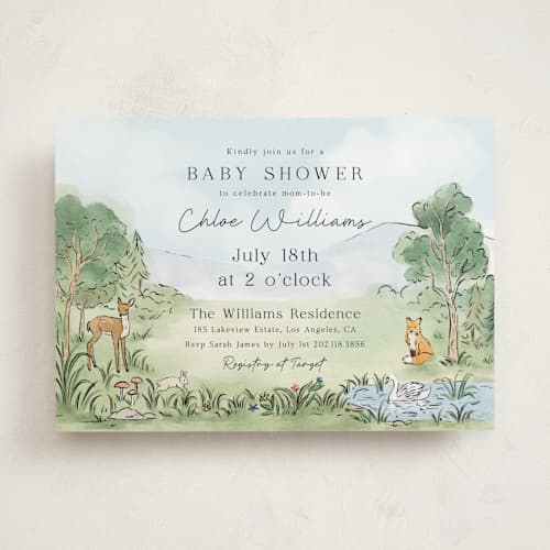 This is a forest baby shower invitations with standard by Elly called a woodland adventure printing on signature in standard