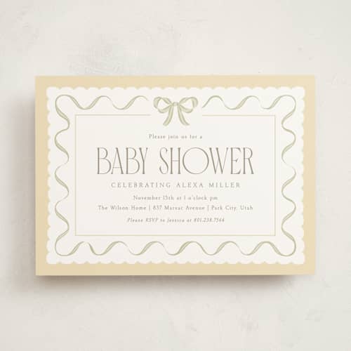 This is a lemon baby shower invitations with standard by Robert and Stella called ribbon toss printing on signature in standard
