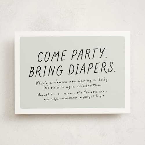 This is a mint baby shower invitations with standard by Lea Delaveris called bring diapers printing on signature in standard