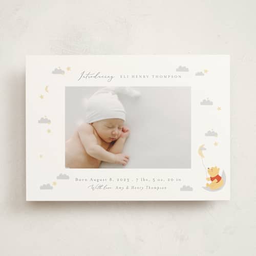 This is a cotton birth announcements with standard by Angela Thompson called disney's winnie the pooh night sky printing on signature in standard