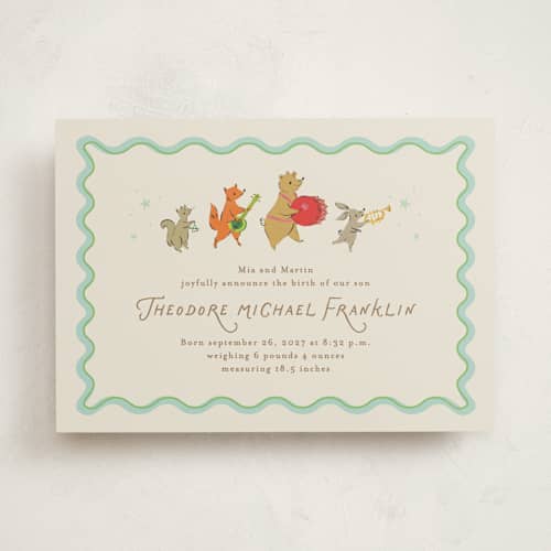 This is a sage birth announcements with standard by Jackie Crawford called woodland jamboree printing on signature in standard