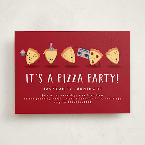 This is a tomato kids birthday invitations with standard by Katie Zimpel called it's a pizza party printing on signature in standard