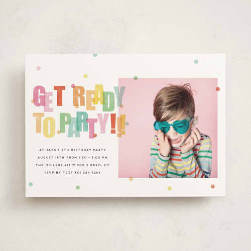 This is a sprinkles kids birthday invitations with standard by Stephanie Hawkes called get ready to party printing on signature in standard