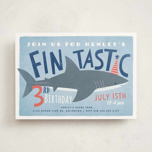 This is a sky kids birthday invitations with standard by Karidy Walker called shark tank printing on signature in standard