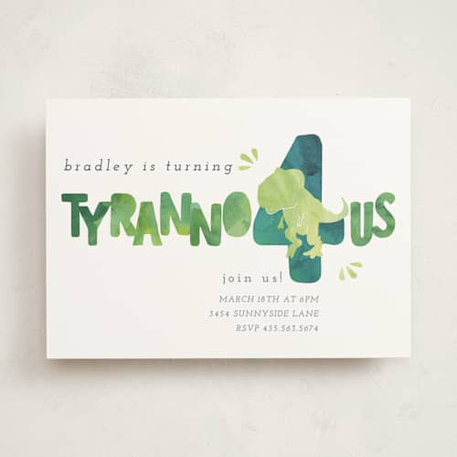 This is a lime kids birthday invitations with standard by Cindy Denning called dino party printing on signature in standard