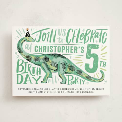 This is a fern kids birthday invitations with standard by Alethea and Ruth called dino party hat printing on signature in standard